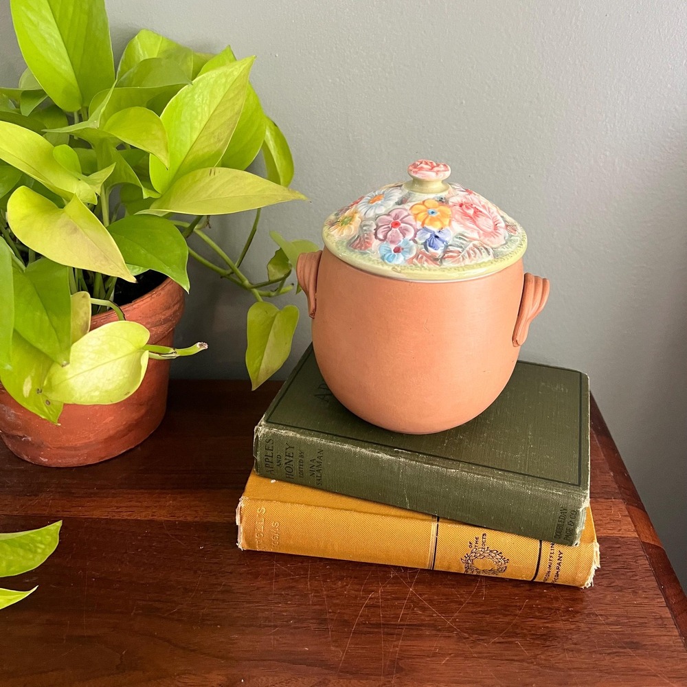 Vintage Italian Terracotta Lidded Pot Hand Painted Floral Lid Rustic Italy